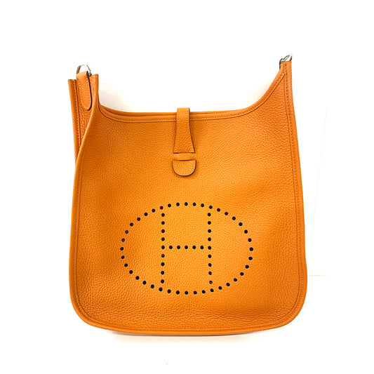 HERMES Etain Bag 33cm, Orange, Taurillon Clemence Leather, Gold Hardware