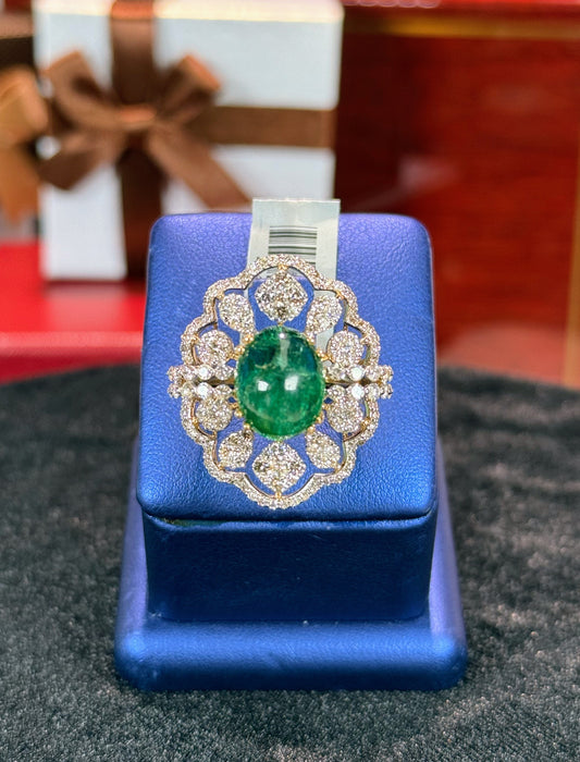 Cabochon Emerald and Diamond Ring