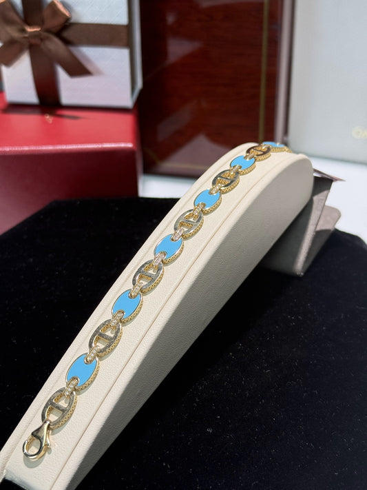 Blue Enamel Link Design Yellow Gold Bracelet