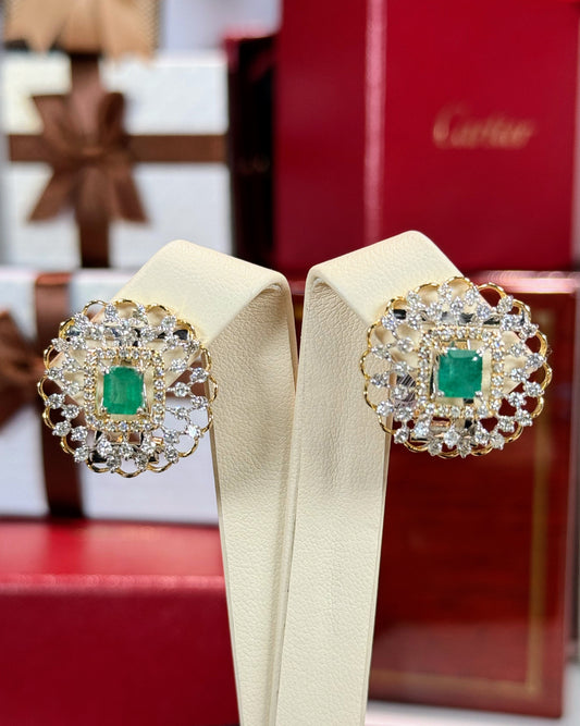 Emerald Halo Diamond Earrings