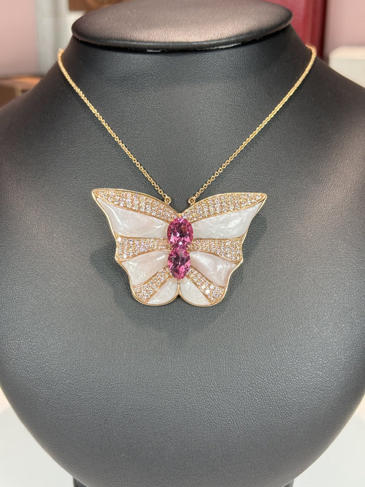 Pink Tourmaline and MoP  Butterfly Diamond Pendant Necklace